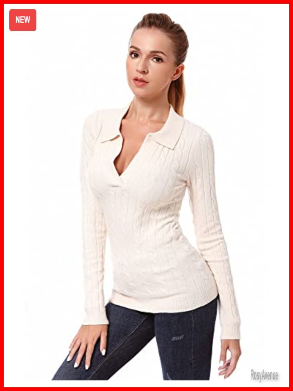 Women's Collar V Neck Cable Knit Long Sleeve Pullover Sweater